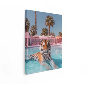 Artaza Canvas Schilderij Tijger In Zwembad - 30x40 cm - Wanddecoratie Dieren - Muurdecoratie Palmbomen - Schilderijen Op Canvas - Roze