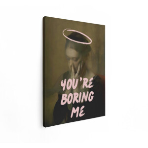 Artaza Canvas Schilderij Vrouw met Aureool en Tekst 'Je Verveelt Me' in Pastelkleuren - 90x120 cm - Groot - Wanddecoratie Woonkamer - Schilderijen - Muurdecoratie