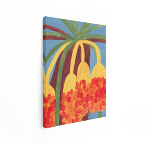 Artaza Canvas Schilderij Levendige Illustratie van een Dadelpalm met Rijpe - Rode Dadels en Gele Bloemen - 30x40 cm - Klein - Wanddecoratie Woonkamer - Schilderijen - Muurdecoratie