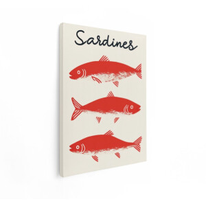 Artaza Canvas Schilderij Drie Rode Sardientjes op een Lichte Achtergrond met het Woord Sardines Erboven - 60x80 cm - Wanddecoratie Woonkamer - Schilderijen - Muurdecoratie