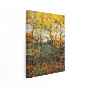 Artaza Canvas Schilderij Herfstlandschap - 90x120 cm - Wanddecoratie Natuur - Muurdecoratie Bomen - Decoratie Woonkamer Aquarel