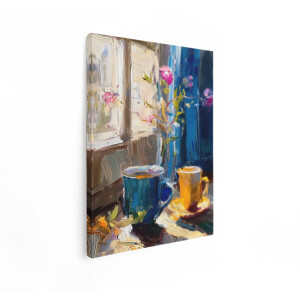 Artaza Canvas Schilderij Stilleven - 90x120 cm - Wanddecoratie Bloemen - Muurdecoratie Koffie - Decoratie Raam - Schilderijen Op Canvas