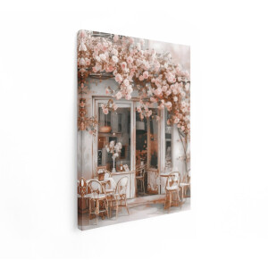Artaza Canvas Schilderij Romantische Parijse Caféterras met Bloeiende Rozen en Rieten Stoelen - 60x80 cm - Wanddecoratie Woonkamer - Schilderijen - Muurdecoratie