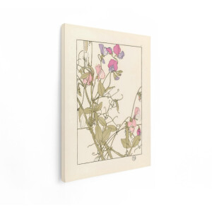 Artaza Canvas Schilderij Art Nouveau Lathyrus Odoratus Bloemen en Bladeren in Pastelkleuren - 60x80 cm - Wanddecoratie Woonkamer - Schilderijen - Muurdecoratie