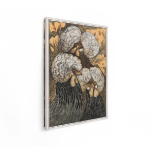 Artaza Canvas Schilderij Vier Sierlijke Poolse Krielkippen met Pluizige Witte Kuiven en Zwarte Veren - 60x80 cm - Wanddecoratie Woonkamer - Schilderijen - Muurdecoratie