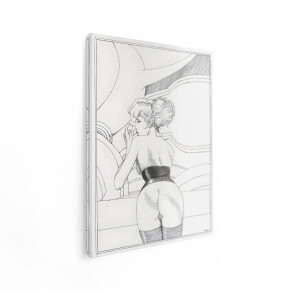 Artaza Canvas Schilderij Vrouw met Opgestoken haar en Korset - Kijkt over haar Schouder Naar een Appel - 60x80 cm - Wanddecoratie Woonkamer - Schilderijen - Muurdecoratie