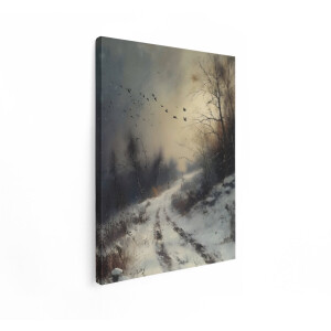Artaza Canvas Schilderij Eenzame Reiziger op Besneeuwde Weg onder Vliegende Vogels in de Winter - 60x80 cm - Wanddecoratie Woonkamer - Schilderijen - Muurdecoratie