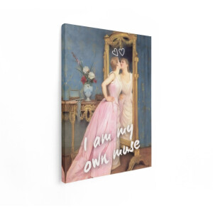 Artaza Canvas Schilderij Vrouw Met Spiegel - 60x80 cm - Wanddecoratie Vintage - Muurdecoratie Romantisch - Decoratie Roze Baljurk