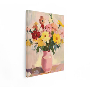 Artaza Canvas Schilderij Bloemen Stilleven - 60x80 cm - Wanddecoratie Boeket - Muurdecoratie Woonkamer - Decoratie Roze Vaas - Kleurrijk