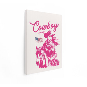 Artaza Canvas Schilderij Vrouwelijke Cowboy met Paard en Amerikaanse Vlag in Roze Stijl - 30x40 cm - Klein - Wanddecoratie Woonkamer - Schilderijen - Muurdecoratie