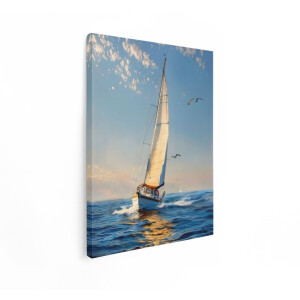 Artaza Canvas Schilderij Zeilboot Vaart op de Oceaan met Meeuwen Die Rondvliegen bij Zonsondergang - 30x40 cm - Klein - Wanddecoratie Woonkamer - Schilderijen - Muurdecoratie