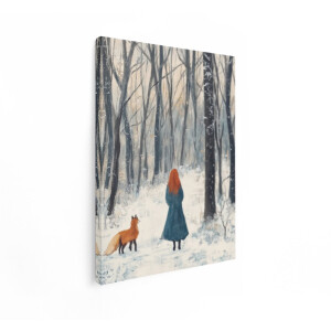 Artaza Canvas Schilderij Vrouw In Besneeuwd Bos - 90x120 cm - Wanddecoratie Vos - Muurdecoratie Winter Landschap - Schilderijen Op Canvas