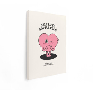 Artaza Canvas Schilderij Roze Hart Cartoon - 30x40 cm - Retro Muurdecoratie Tekst - Wanddecoratie Self Love Club - Slaapkamer Schilderijen