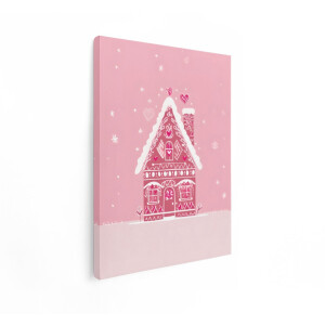 Artaza Canvas Schilderij Schattig Roze Peperkoekhuisje met Hartjes en Sneeuwvlokken - 90x120 cm - Groot - Wanddecoratie Woonkamer - Schilderijen - Muurdecoratie