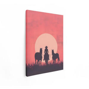 Artaza Canvas Schilderij Cowgirl Silhouet met twee Paarden bij Zonsondergang in het Wilde Westen - 30x40 cm - Klein - Wanddecoratie Woonkamer - Schilderijen - Muurdecoratie
