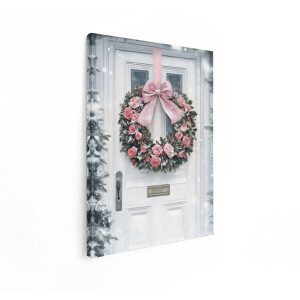 Artaza Canvas Schilderij Kerstkrans - 60x80 cm - Wanddecoratie Kerst - Muurdecoratie Roze Rozen - Decoratie Voordeur - Schilderijen Op Canvas