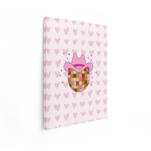 Artaza Canvas Schilderij Roze Cowboyhoed op Discobal met Hartjespatroon op de Achtergrond - 90x120 cm - Groot - Wanddecoratie Woonkamer - Schilderijen - Muurdecoratie