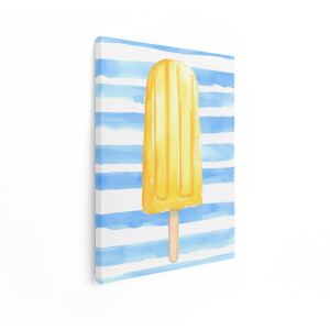 Artaza Canvas Schilderij Zomers Geel Waterijsje op een Achtergrond met Blauwe Strepen - 90x120 cm - Groot - Wanddecoratie Woonkamer - Schilderijen - Muurdecoratie