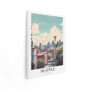 Artaza Canvas Schilderij Seattle Skyline met de Space Needle en Wolkenkrabbers onder een Blauwe Hemel - 90x120 cm - Groot - Wanddecoratie Woonkamer - Schilderijen - Muurdecoratie