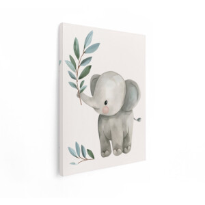 Artaza Canvas Schilderij Schattige Aquarel Olifant met Takje Groen Blad - Babykamer Decoratie - 60x80 cm - Wanddecoratie Woonkamer - Schilderijen - Muurdecoratie