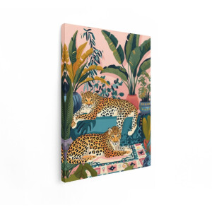 Artaza Canvas Schilderij Twee Luipaarden Rusten Te Midden van Weelderige Tropische Planten in een Artistieke Weergave - 60x80 cm - Wanddecoratie Woonkamer - Schilderijen - Muurdecoratie