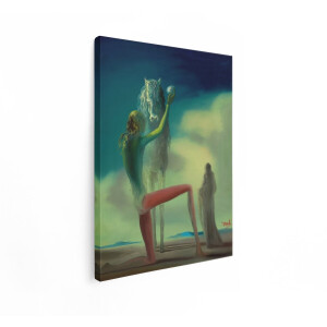 Artaza Canvas Schilderij Surrealistisch Schilderij van een Figuur met een Paard en een Bol in een Woestijnlandschap - 60x80 cm - Wanddecoratie Woonkamer - Schilderijen - Muurdecoratie