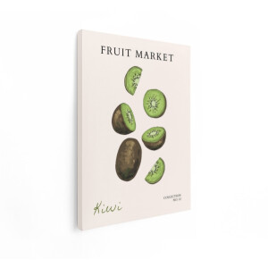 Artaza Canvas Schilderij Verse Kiwi Fruit Collectie met Hele en Gesneden Stukken op een Lichte Achtergrond - 30x40 cm - Klein - Wanddecoratie Woonkamer - Schilderijen - Muurdecoratie