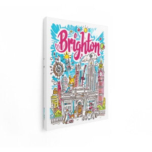 Artaza Canvas Schilderij Levendige Illustratie van Brighton met Iconische Bezienswaardigheden en Speelse Figuren - 60x80 cm - Wanddecoratie Woonkamer - Schilderijen - Muurdecoratie