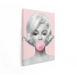 Artaza Canvas Schilderij Iconische Blonde Vrouw met Roze Kauwgombal op Roze Achtergrond - 90x120 cm - Groot - Wanddecoratie Woonkamer - Schilderijen - Muurdecoratie