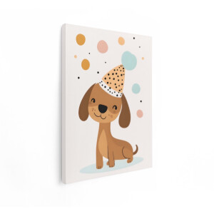 Artaza Canvas Schilderij Vrolijke Cartoon Hond met Feestmuts en Ballonnen - Kinderillustratie - 30x40 cm - Klein - Wanddecoratie Woonkamer - Schilderijen - Muurdecoratie
