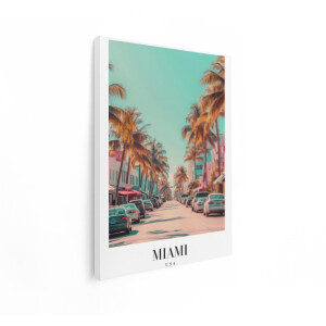 Artaza Canvas Schilderij Zonnige Straat in Miami met Palmbomen en Geparkeerde Auto'S - 90x120 cm - Groot - Wanddecoratie Woonkamer - Schilderijen - Muurdecoratie