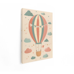 Artaza Canvas Schilderij Schattige Heteluchtballon met Vlaggetjes en Wolken in Zachte Pastelkleuren - 90x120 cm - Groot - Wanddecoratie Woonkamer - Schilderijen - Muurdecoratie