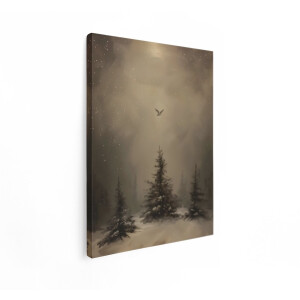 Artaza Canvas Schilderij Winterlandschap - 60x80 cm - Wanddecoratie Bos - Muurdecoratie Vogel - Decoratie Besneeuwde Dennenbomen Natuur