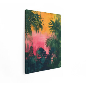 Artaza Canvas Schilderij Tropische Jungle - 60x80 cm - Wanddecoratie Palmbladeren - Muurdecoratie Zonsondergang - Boho Decoratie - Roze