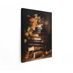 Artaza Canvas Schilderij Stapel Oude Boeken met Herfstbladeren en Druiven - Klassieke Stilleven Compositie - 30x40 cm - Klein - Wanddecoratie Woonkamer - Schilderijen - Muurdecoratie
