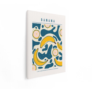 Artaza Canvas Schilderij Abstracte Illustratie van Gele Bananen met Blauwe Vormen en Roze Cirkels - 90x120 cm - Groot - Wanddecoratie Woonkamer - Schilderijen - Muurdecoratie