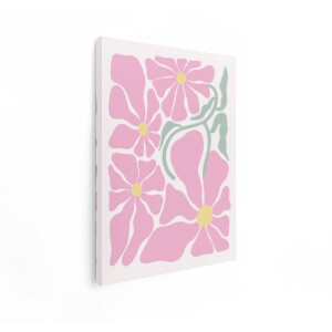 Artaza Canvas Schilderij Abstracte Roze Bloemen met Gele Centers en Groene Bladeren op een Lichte Achtergrond - 30x40 cm - Klein - Wanddecoratie Woonkamer - Schilderijen - Muurdecoratie