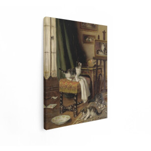 Artaza Canvas Schilderij Schattige Kittens Spelen in een Kunstenaarsatelier Vol Schilderijen en Meubels - 60x80 cm - Wanddecoratie Woonkamer - Schilderijen - Muurdecoratie