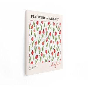 Artaza Canvas Schilderij Bloeiende Tulpen op een Poster met de Tekst "Flower Market" - 30x40 cm - Klein - Wanddecoratie Woonkamer - Schilderijen - Muurdecoratie