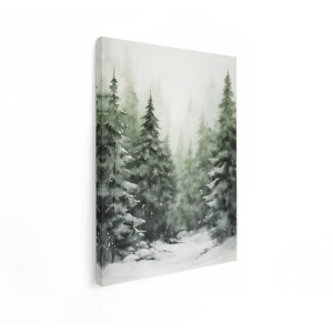 Artaza Canvas Schilderij Sneeuwval in een Mistig Dennenbos - Winterse Sfeer met Zachte Aquarel - 90x120 cm - Groot - Wanddecoratie Woonkamer - Schilderijen - Muurdecoratie