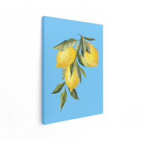 Artaza Canvas Schilderij Zonnige Aquarel van Citroenen aan een Tak met Groene Bladeren op Blauwe Achtergrond - 60x80 cm - Wanddecoratie Woonkamer - Schilderijen - Muurdecoratie