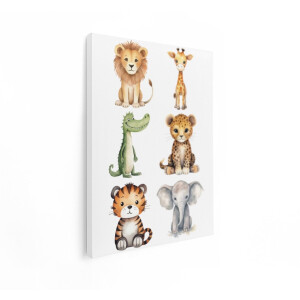 Artaza Canvas Schilderij Schattige Aquarel Baby Dieren Collectie met Leeuw - Giraf - Olifant - Tijger - Krokodil en Luipaard - 60x80 cm - Wanddecoratie Woonkamer - Schilderijen - Muurdecoratie