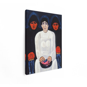 Artaza Canvas Schilderij Expressionistisch Schilderij van een Vrouw Die Vis Bereidt met twee Figuren op de Achtergrond - 30x40 cm - Klein - Wanddecoratie Woonkamer - Schilderijen - Muurdecoratie