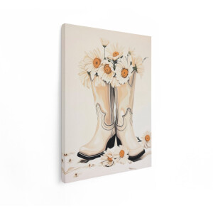 Artaza Canvas Schilderij Cowboylaarzen - 90x120 cm - Wanddecoratie Madeliefjes - Muurdecoratie Boho - Decoratie Bloemen Stilleven - Wit