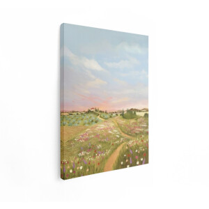 Artaza Canvas Schilderij Schilderachtige Toscaanse Heuvels met Bloemen en een Landhuis bij Zonsondergang - 60x80 cm - Wanddecoratie Woonkamer - Schilderijen - Muurdecoratie