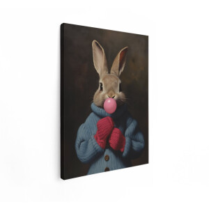 Artaza Canvas Schilderij Schattige Konijnenjongen met Kauwgom en Gebreide Kleding - 30x40 cm - Klein - Wanddecoratie Woonkamer - Schilderijen - Muurdecoratie