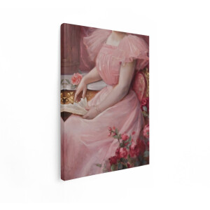 Artaza Canvas Schilderij Gedetailleerd Schilderij van een Vrouw in een Roze Jurk met een Waaier en Rozen - 90x120 cm - Groot - Wanddecoratie Woonkamer - Schilderijen - Muurdecoratie