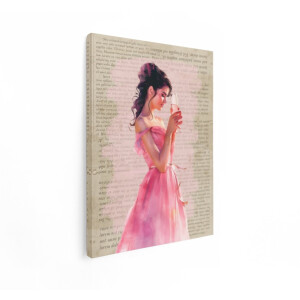 Artaza Canvas Schilderij Vrouw in Roze Jurk met Glas Champagne - Artistieke Stijl - 90x120 cm - Groot - Wanddecoratie Woonkamer - Schilderijen - Muurdecoratie