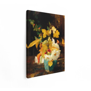 Artaza Canvas Schilderij Herfstboeket met Gele Bladeren en Rode Bessen in een Turkooizen Vaas - 90x120 cm - Groot - Wanddecoratie Woonkamer - Schilderijen - Muurdecoratie
