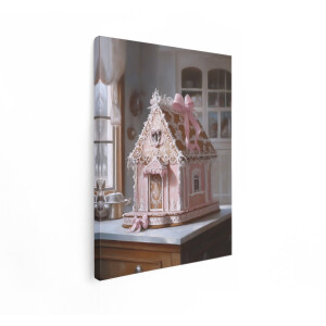 Artaza Canvas Schilderij Decoratieve Roze Peperkoekhuisje met Strikken en Gedetailleerde Versieringen - 90x120 cm - Groot - Wanddecoratie Woonkamer - Schilderijen - Muurdecoratie